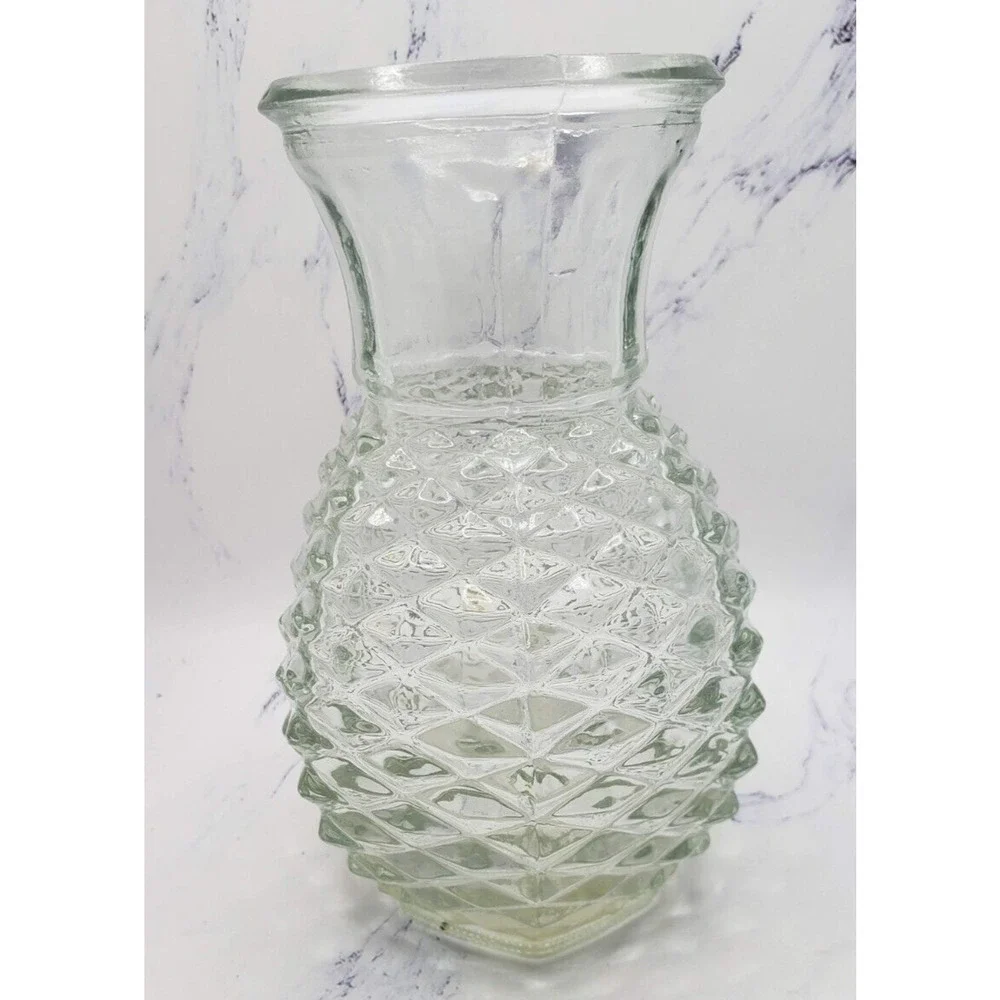 FTD Clear Pineapple Shaped Diamond Point Pressed Glass Vintage Vase